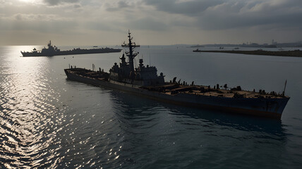 Military Ship at a harbor returning from a conflict of war