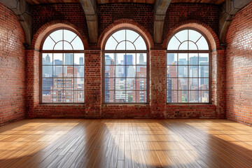 empty room with wooden floors and red brick walls, featuring three arched windows that offers city views