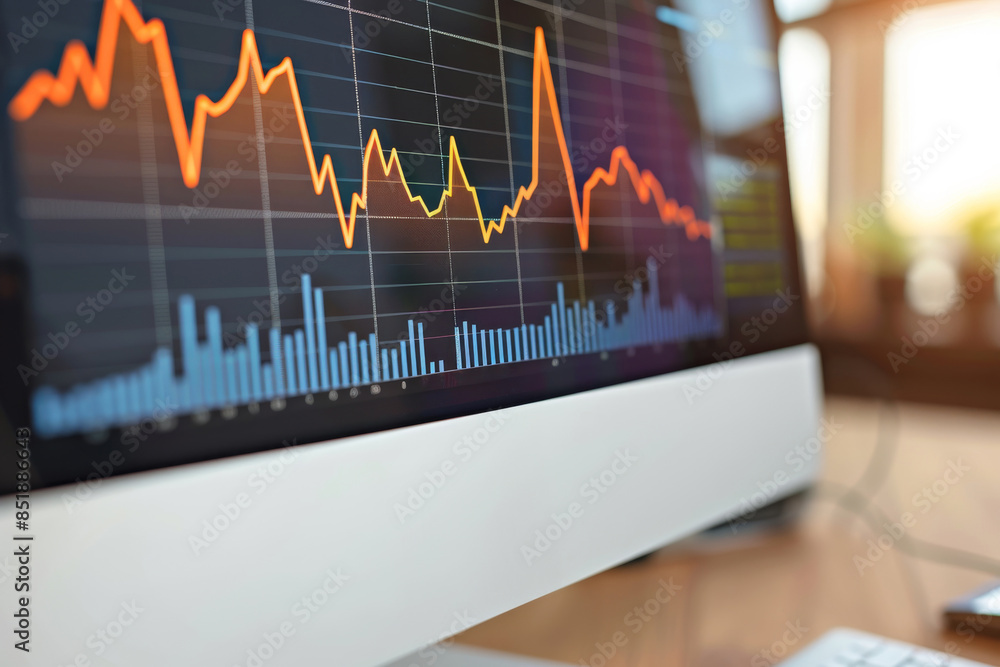 Poster close-up of a computer monitor displaying financial data charts and graphs, representing economic an