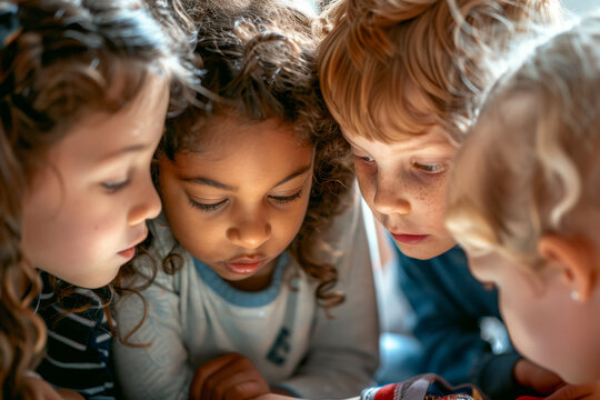 Diverse group of children closely gathered and engaged in a shared activity, fostering curiosity and connection.