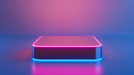 Modern futuristic neon-lit platform with vibrant pink and blue lights, ideal for showcasing products or technology.