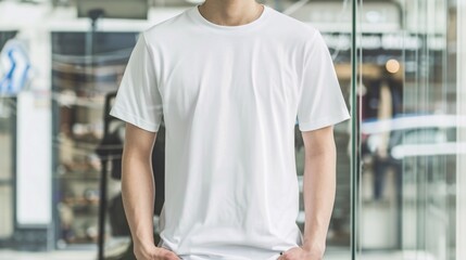 Young Model Shirt Mockup, man wearing white t-shirt in front of Department store display window, Shirt Mockup Template on hipster adult for design print, Male guy wearing casual t-shirt
