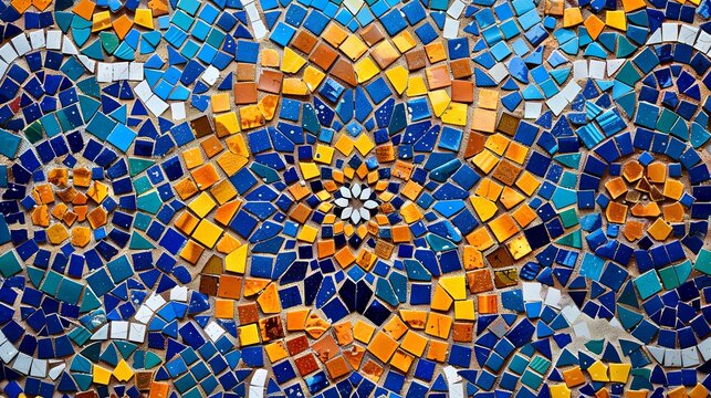 A detailed background of colorful mosaic tiles arranged in intricate, symmetrical patterns