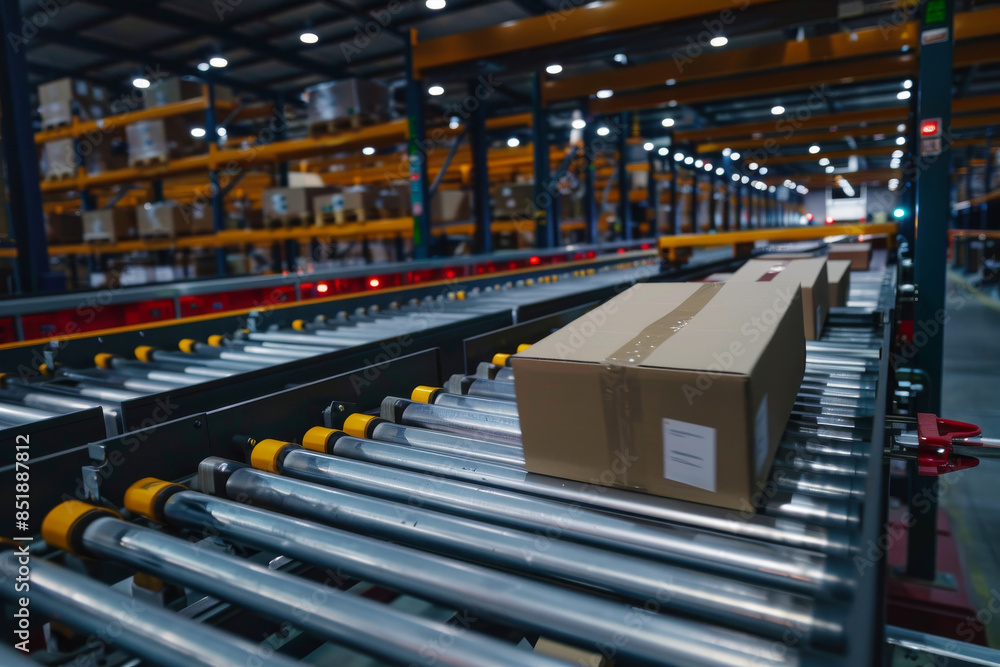 Poster packages moving on a conveyor belt system in a distribution center, automated logistics processes co