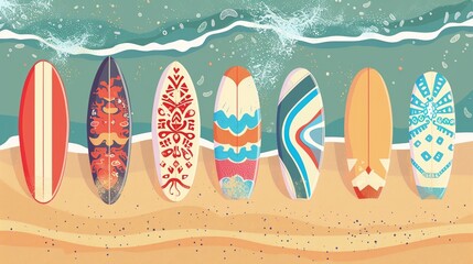 Flat vector illustration of surfing board on tropical sandy beach
