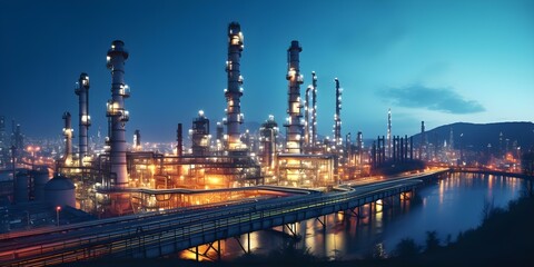 Dusk view of an oil refinery with illuminated pipes and towers processing energy resources. Concept Industrial Photography, Oil Refinery, Dusk View, Illuminated Pipes, Energy Resources