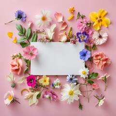 Naklejka premium Aesthetic background with colourful flowers. Beautiful floral template composition. Wreath frame with blank copy space mock up paper card sheet.