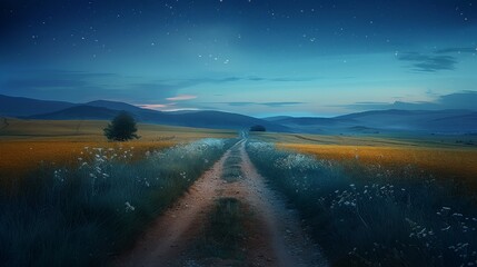Fototapeta premium Beautiful country landscape at night with a trail on the center. Generative AI.