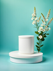 product display podium, Minimalism White, light blue podium with flowers and green stones for product placement in Green direct light backdrop, Empty showcase platform for product presentation, ad
