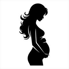 Black silhouette of a pregnant woman with straight hair. pregnant woman vector illustration	
