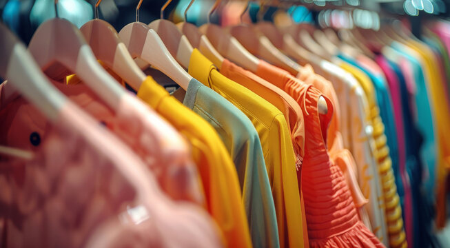 Hangers clothing colorful concept, shop boutique, Women fashion store clothes dress rack hanging, luxury. copy space. Generative AI. - Powered by Adobe