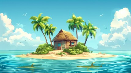 Vector illustration of beautiful scenic landscape of tropical sea island with palm tree and house