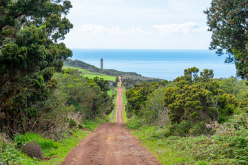 Orange dirt road surrounded by vegetation, heading towards the Rosais lighthouse. São Jorge Island-Azores-Portugal.