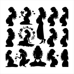 Black silhouette of a pregnant woman with straight hair. pregnant woman vector illustration	
