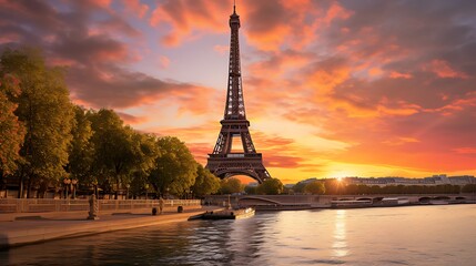 Sunset view of the Eiffel Tower in Paris