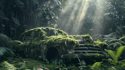 Abandoned vintage car relic in deep tropical rainforest with green plants, moss, ferns. - Powered by Adobe