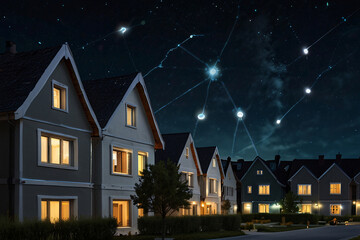 A row of houses with a starry sky above them