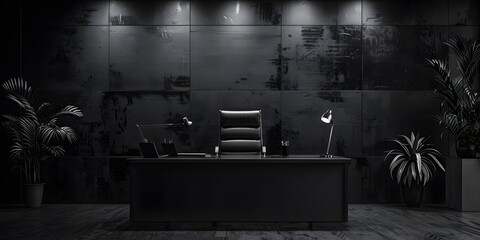 Dark-toned office with a view of the city's CBD center, conference room, and boss's office, embodying an urban professional atmosphere