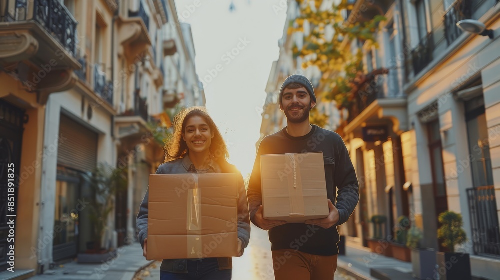 Poster friends helping each other move into a new apartment, carrying boxes and assembling furniture, creat
