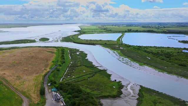 Aerial shot of The Swale salt marshes, Isle of Sheppey, Kent UK