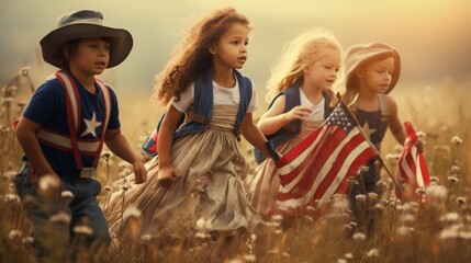 Fototapeta premium Four happy children running through a field of wheat holding hands, with an American flag blowing in the wind