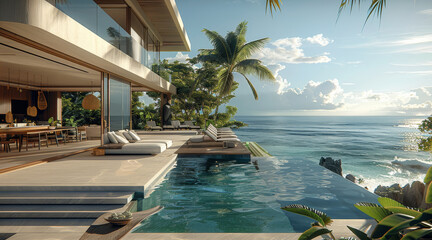 Fototapeta premium A stunning oceanfront villa with panoramic views, featuring an outdoor lounge area. The scene is bathed in warm sunny day lighting, cozy atmosphere for sophisticated beachside retreat. Generative AI.