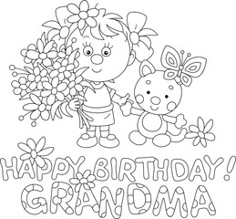 Happy birthday grandma card with a happy little girl holding a funny toy cat with a butterfly and a beautiful bouquet of summer flowers for her granny, vector cartoon illustration on white