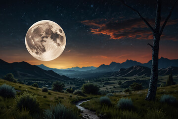 A large moon is in the sky above a mountain range