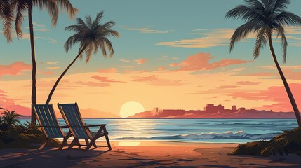 illustration of a tranquil morning summer beach scene with palm trees