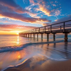 Obraz premium Calm beach at sunset with a wooden pier extending into the ocean, warm colors reflecting on the water, and serene ambiance