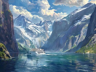 Cruise ship navigating through majestic fjords, with passengers marveling at the towering cliffs...