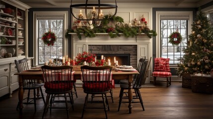 Obraz premium Cozy Christmas dining room with festive decorations, a beautifully set table, and a warm fireplace creating a holiday ambiance.