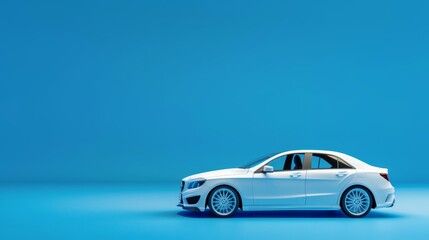 A white toy car model is staged against a vibrant blue background, leaving much of the frame open for text or graphics