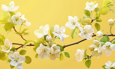 "White Apple Tree Flowers in Spring on a Bright Yellow Background - High-Quality Artistic Photograph"