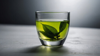 A glass of green tea with a plant next to it