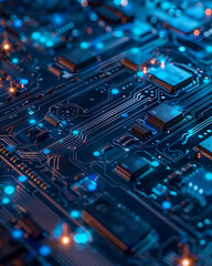Obraz premium A hyperrealistic macro photograph of a circuit board, showcasing the intricate connections and components, with a futuristic and high-tech aesthetic.