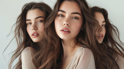 Fototapeta premium Multiple exposure of a woman with long hair and beige top.