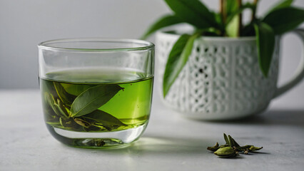 A glass of green tea with a plant next to it