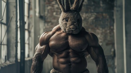 A surreal and artistic photo depicting a muscular man with a rabbit head, evoking elements of strength and mystery