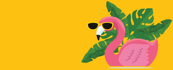 Pink flamingo with sunglasses in front of leaf on yellow summer background 3D Rendering, 3D Illustration