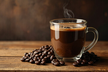 A mug of coffee with a wooden table and a napkin