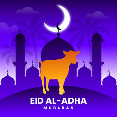 Islamic festival background, Eid al adha mubarak, mosque with moon, goat standing in the desert, desert night view premium  vector