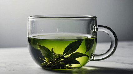 A glass of green tea with a plant next to it