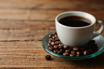 A mug of coffee with a wooden table and a napkin