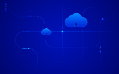 A futuristic blue technology background with flowing lines and intricate circuit patterns, WiFi, and cloud symbols. Perfectly capturing the essence of cloud computing and digital connectivity.