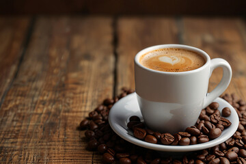 A mug of coffee with a wooden table and a napkin