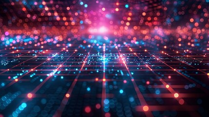 Fototapeta premium A futuristic background featuring a glowing neon grid over a dark, textured surface, with pulsating lights