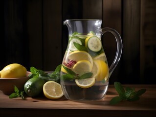 Fototapeta premium Fruit water in a glass pitcher flavored with lemon, lime, cucumber, and mint