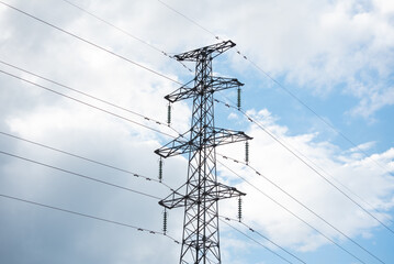 high-voltage power lines, high voltage electric transmission tower.