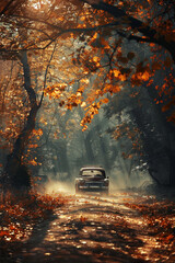 A vintage car driving on dirt road in countryside with colorful Autumn woods